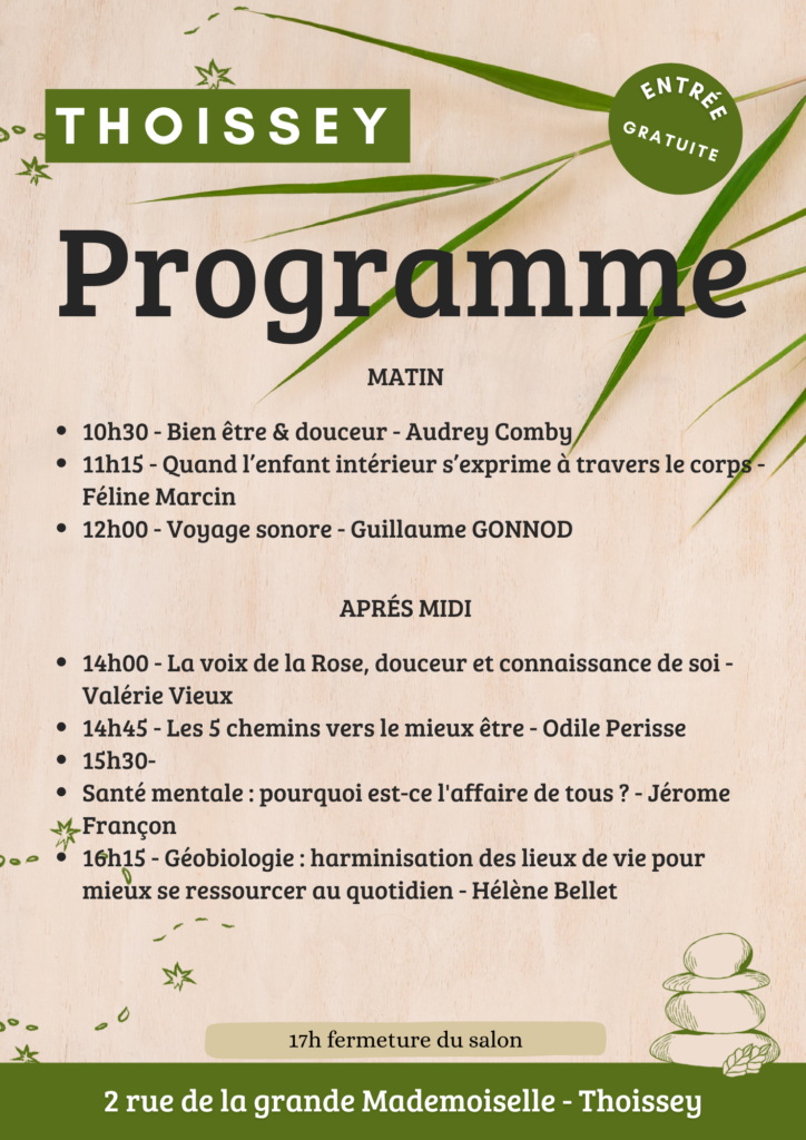 programme des conférences du salon bien être de Thoissey, le dimanche 27 septembre 2026