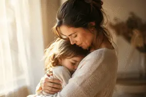 Femme tenant tendrement un enfant contre elle dans une lumière douce et chaleureuse, symbolisant l’amour, la sécurité émotionnelle et le lien apaisant entre parent et enfant