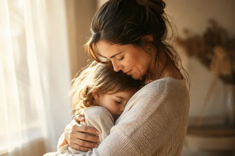 Femme tenant tendrement un enfant contre elle dans une lumière douce et chaleureuse, symbolisant l’amour, la sécurité émotionnelle et le lien apaisant entre parent et enfant