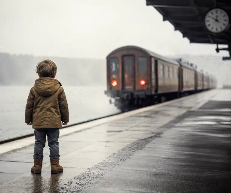 Un enfant seul sur un quai, face à un train qui s'en va.