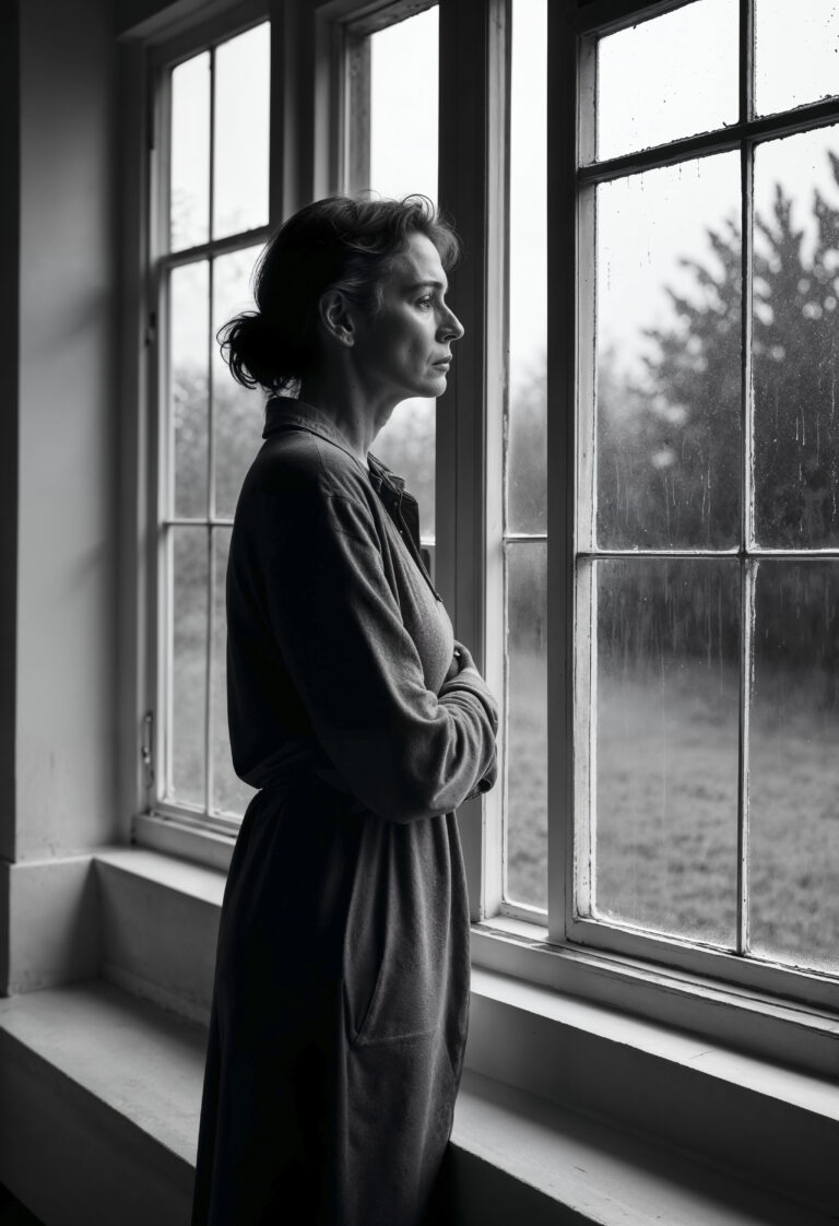 Femme debout devant une fenêtre entrouverte, regardant la nature au loin, symbole de reconstruction et de liberté après une relation difficile