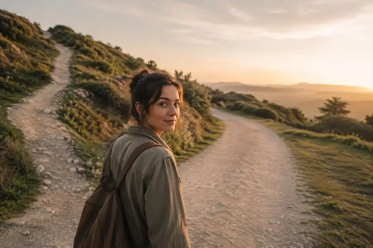 Femme à un carrefour de chemins, entre un sentier qui monte et une route qui se poursuit vers l’horizon