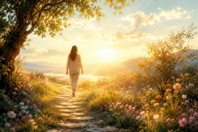 Une personne marche sur un chemin baigné de lumière au cœur de la nature, symbolisant le chemin vers une meilleure compréhension de soi et de ses mécanismes de protection.