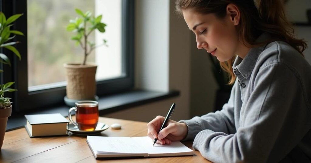 Femme écrivant dans un carnet sur une table en bois avec une tasse de thé.