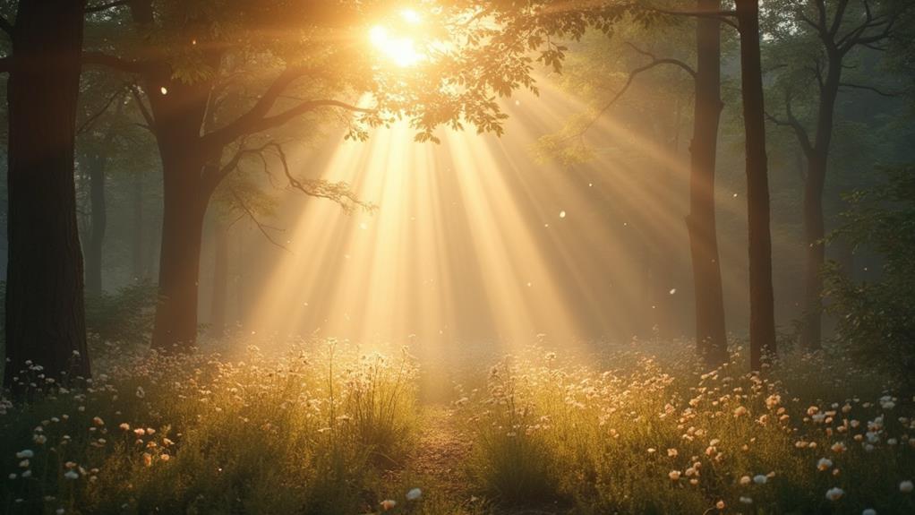 Clairière baignée de lumière dorée au milieu d'une forêt et de fleurs sauvages.