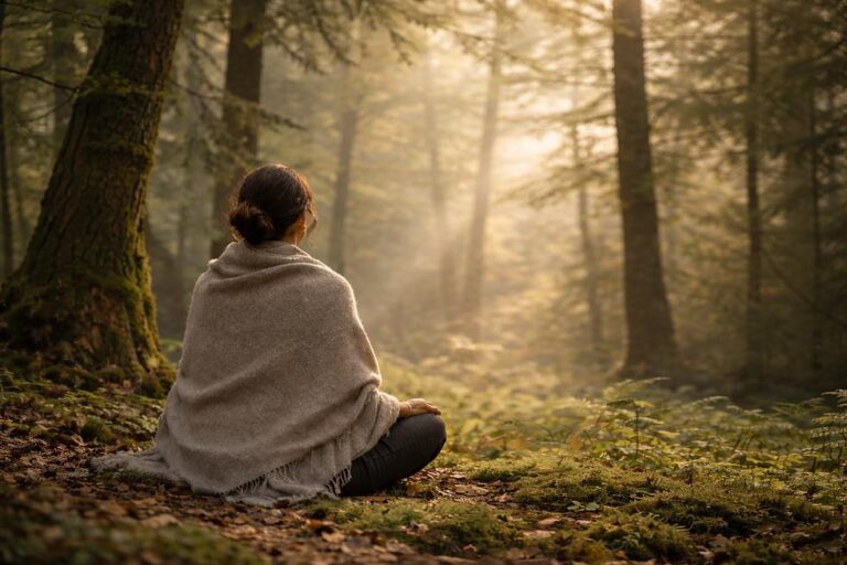 Personne prenant un moment de silence dans la nature pour vivre pleinement l'instant présent.